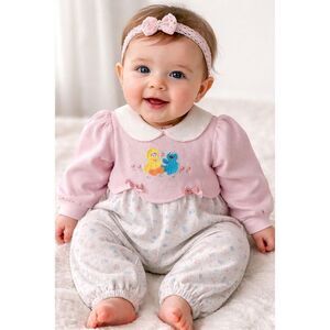 Vintage Sesame Street Baby Girl Embroidered Character Romper 6-9M